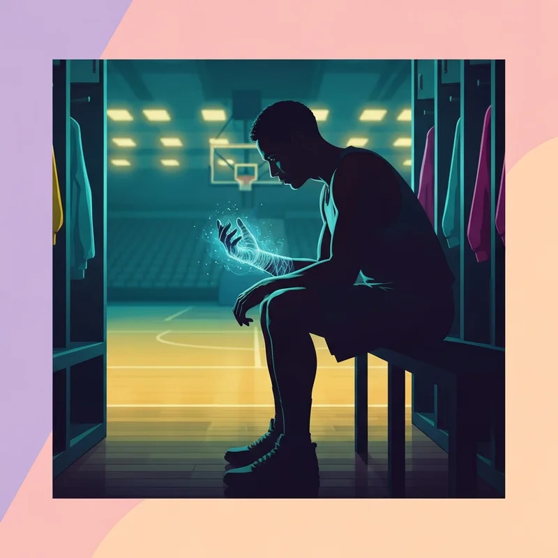 A cinematic representation of Anthony Davis focusing on hand recovery in a professional basketball setting.