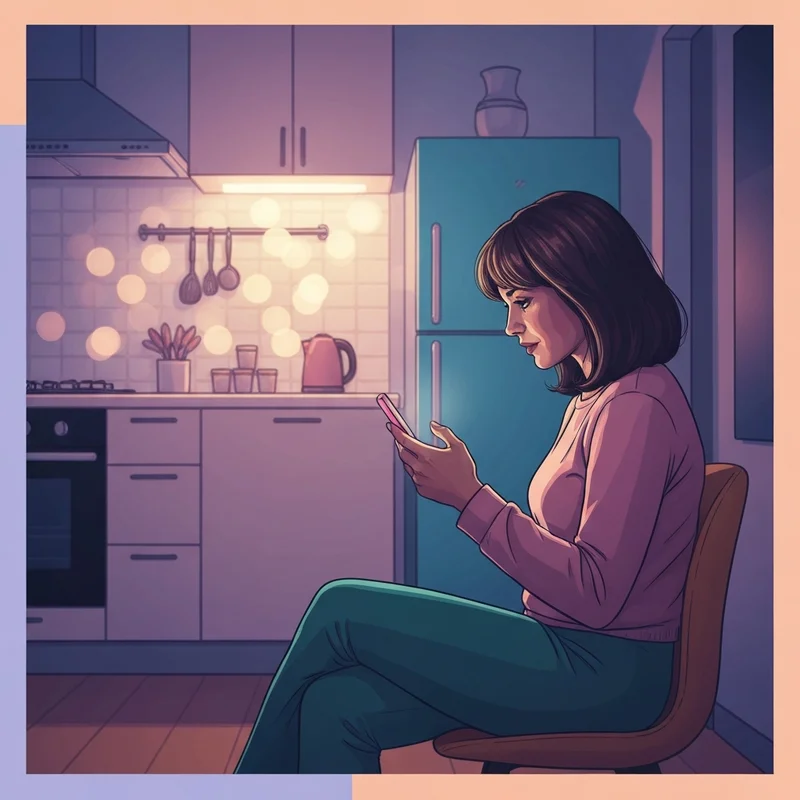 A woman experiencing the sadness of 'i miss my friend' while looking at her phone in a quiet kitchen.