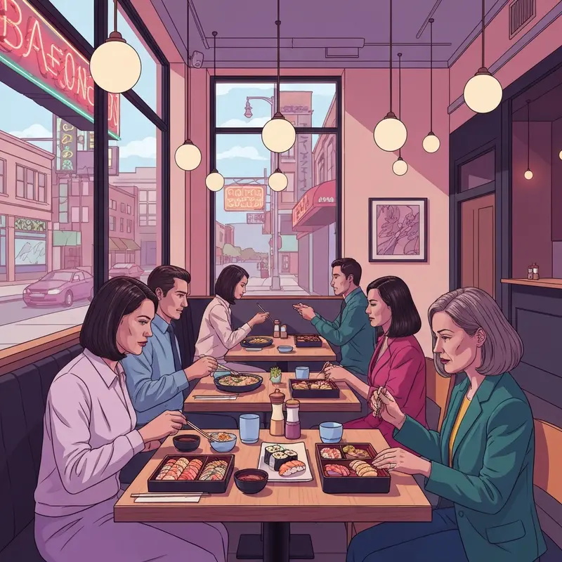 A group of young professionals dining at friends sushi & bento place kansas city mo on a busy evening.