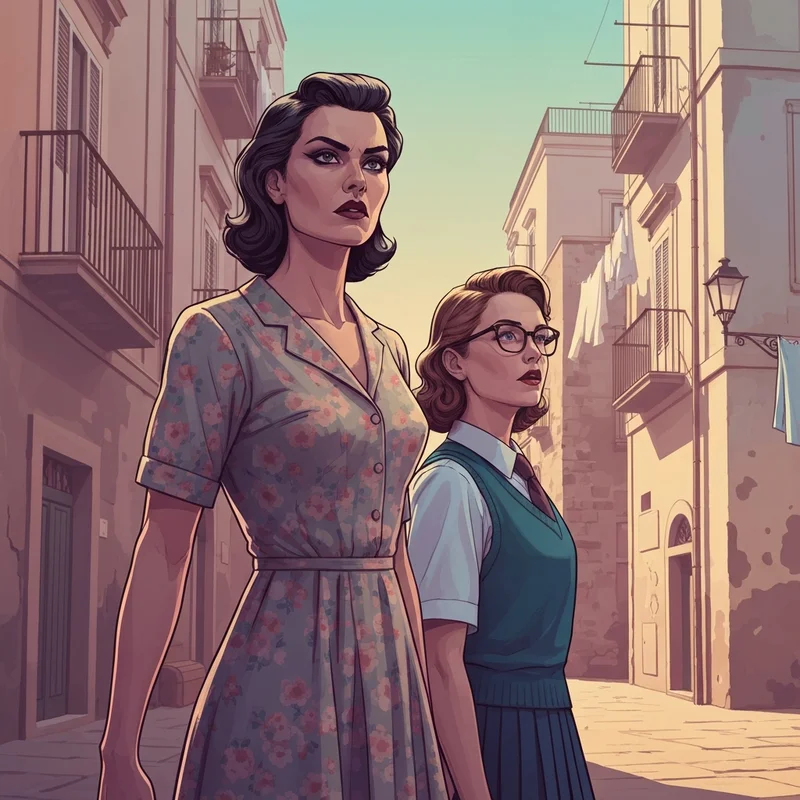 Two young women representing Lila and Elena in a scene from my brilliant friend season 2 in Naples.