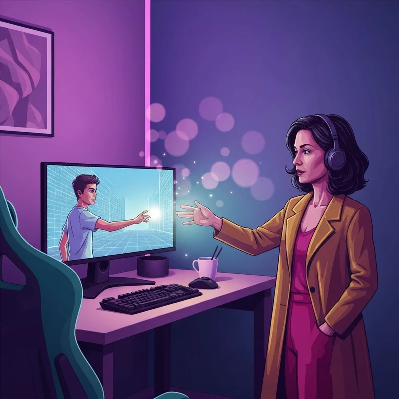 A cinematic visualization of a gamer learning how to add friends on Roblox to build a digital squad.