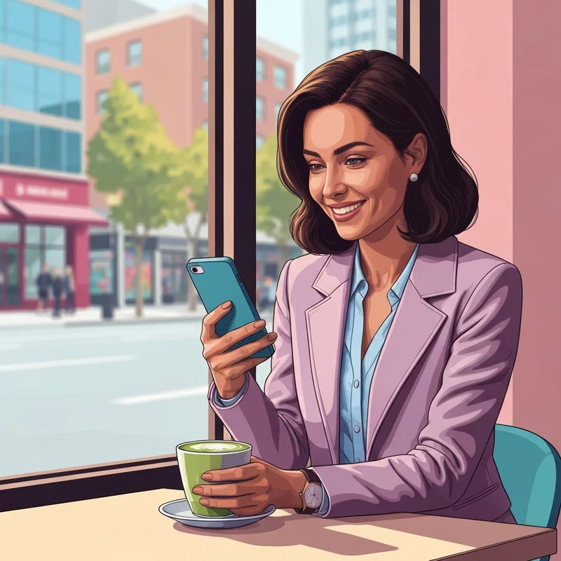 A young woman confidently checking her phone while deciding between my friend and i or me for her social media caption.