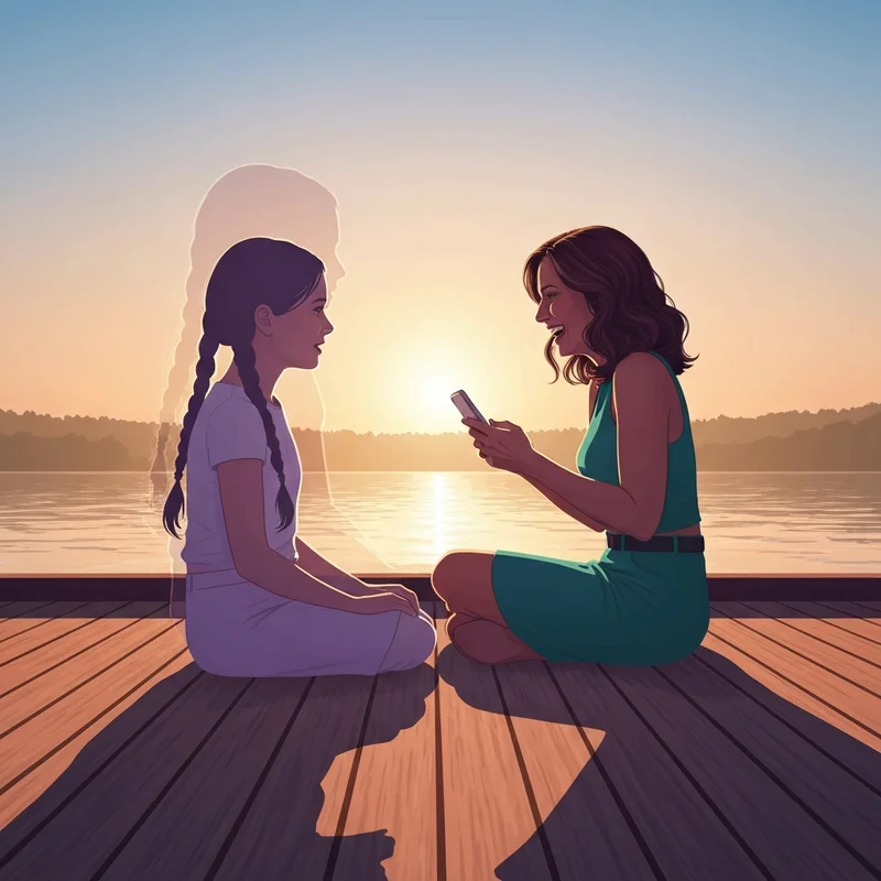 Two adult women sitting on a dock reflecting on best friend childhood quotes while their younger selves appear as shimmering ghosts.