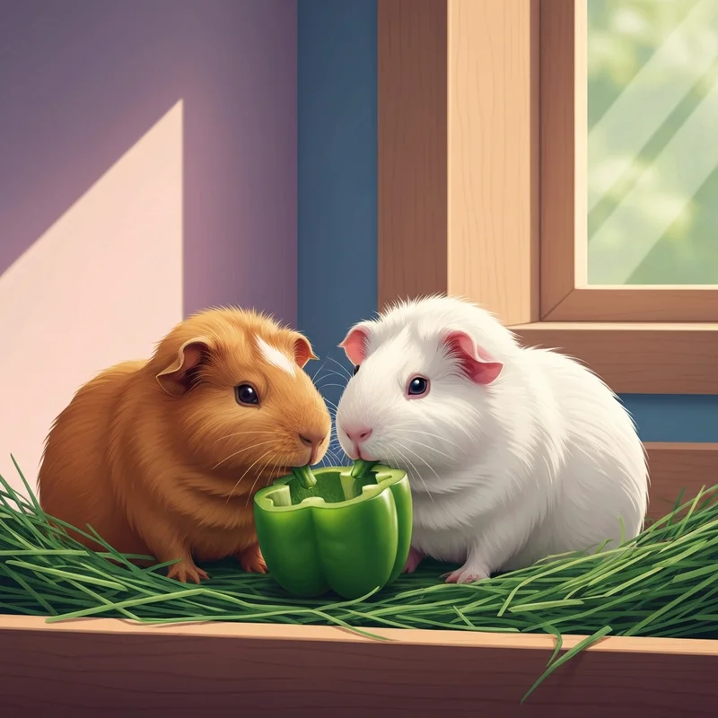 Two happy guinea pigs sharing a meal together, proving that the answer to do guinea pigs need a friend is a resounding yes for their social health.