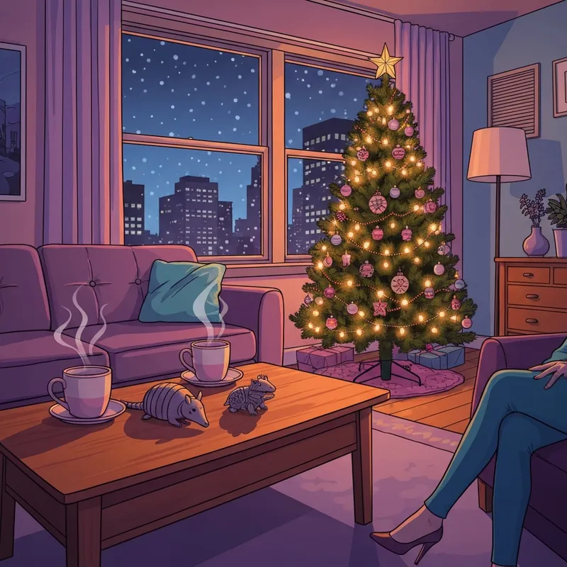 A cozy 90s style apartment decorated for a Friends Christmas with a warm glowing tree and a holiday armadillo on the table.
