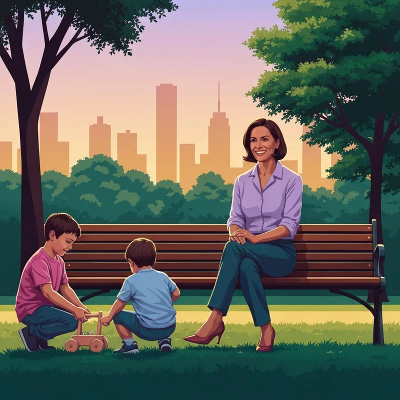 A peaceful scene of a parent and children enjoying a family friendly near me park outing at sunset.