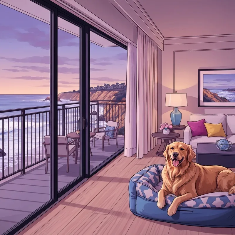 A luxury room at one of the pet friendly hotels pismo beach featuring a happy dog and a coastal view.