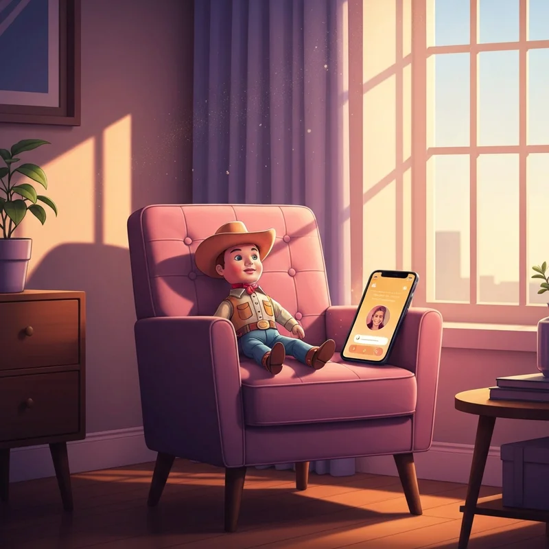 A nostalgic scene representing the lyrics you've got a friend in me with a vintage toy and a modern smartphone in a warm room.