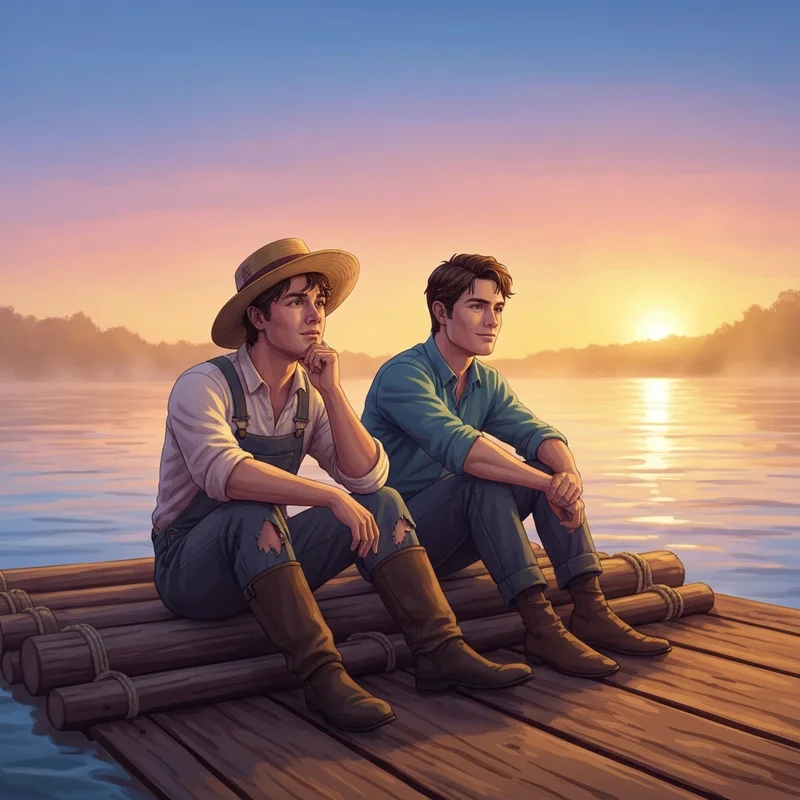 Two companions on a wooden raft illustrating the deep bond of a huck finn's friend archetype.