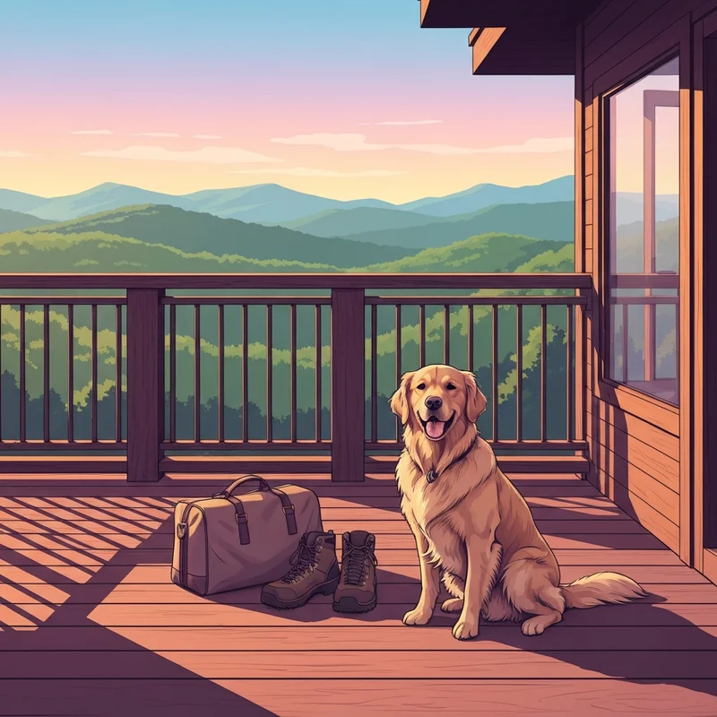 A Golden Retriever sitting on a lodge balcony overlooking the Ozarks, representing pet friendly hotels in branson.