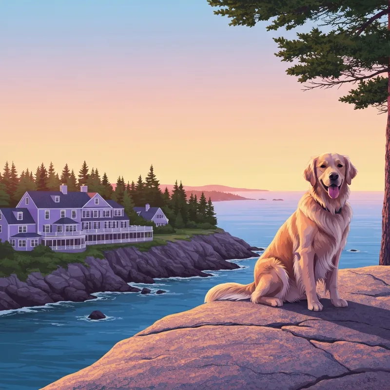 A happy dog sitting on the coast near several bar harbor dog friendly hotels during a sunset hike in Acadia.