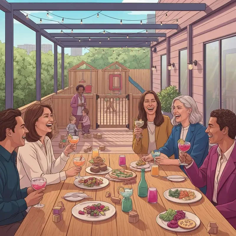 A group of parents enjoying a meal at one of the best kiddies friendly restaurants near me with a dedicated play area.