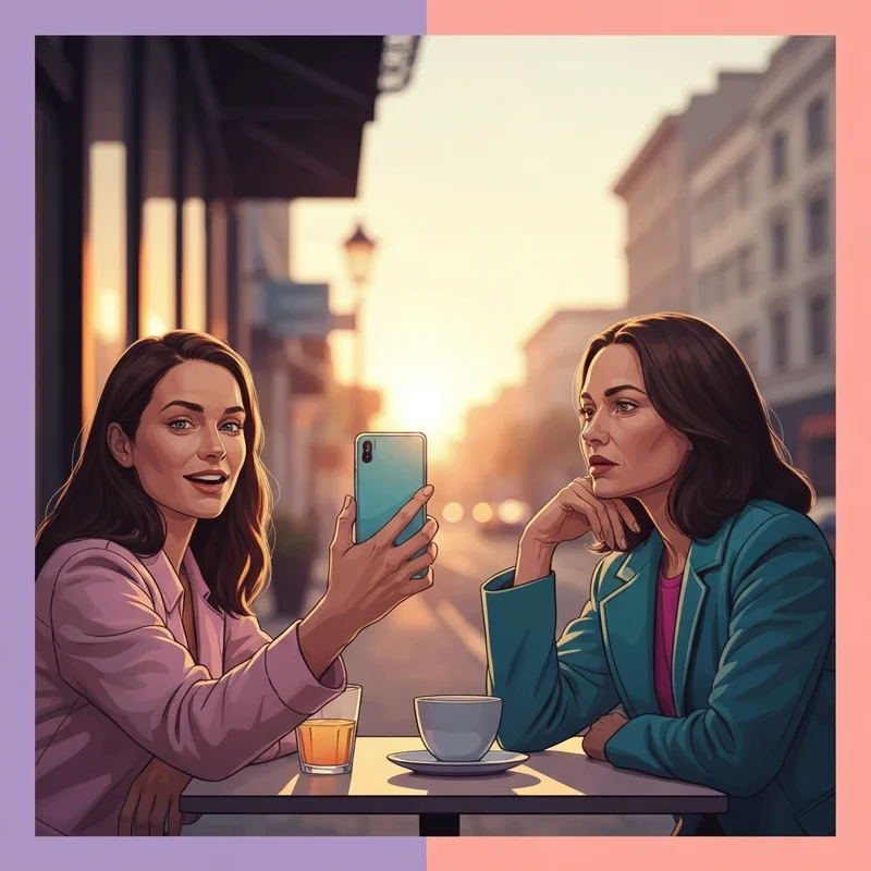Two friends at a cafe illustrating when your friend has developed the hobby of snapping selfies and the social health impact.