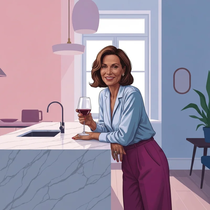 A sophisticated woman embodying the my friend hot mom archetype in a high-status home setting.