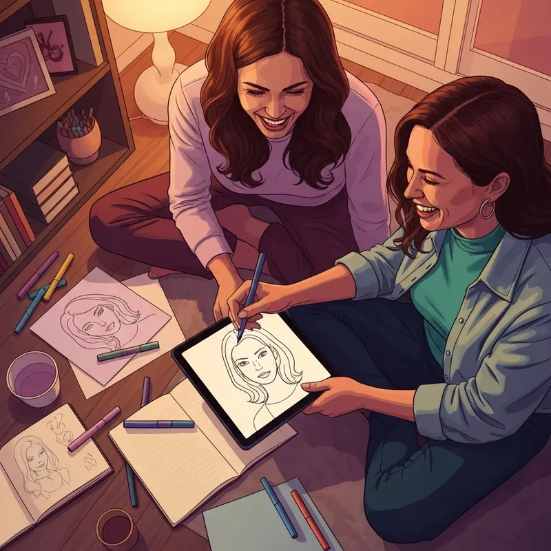 Two best friends laughing while creating a personalized friend drawing together in a cozy room.