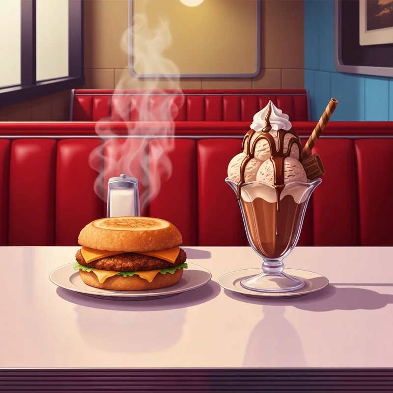 A nostalgic dining setup featuring the iconic items from the friendly's menu in a cozy red booth.