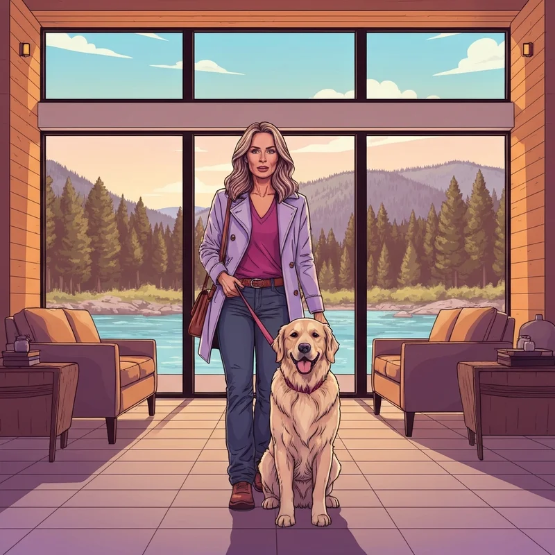 A woman and her dog at one of the best pet friendly hotels missoula offers, featuring mountain views and a welcoming lobby.