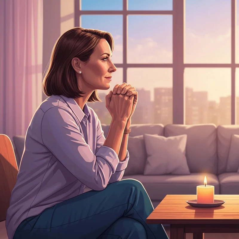 A woman engaged in a heartfelt prayer before surgery for a friend in a peaceful morning setting.