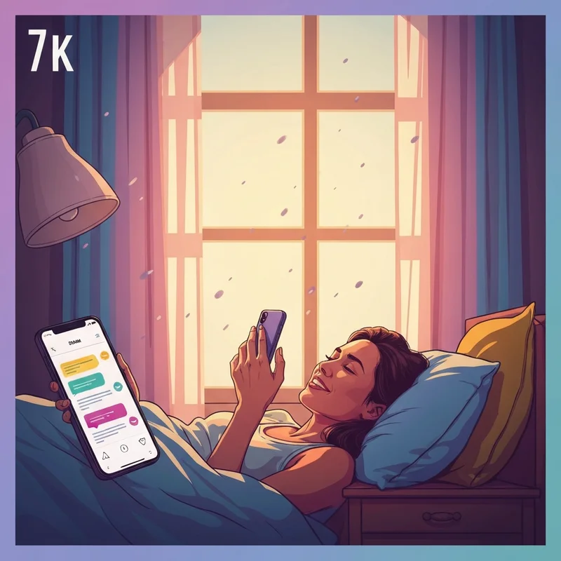 A young woman smiling while sending a good morning sms to friend from her cozy bedroom.