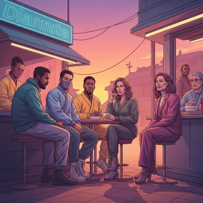 A diverse group of naruto friends sharing a meal at a sunset ramen stand, symbolizing loyalty and community.