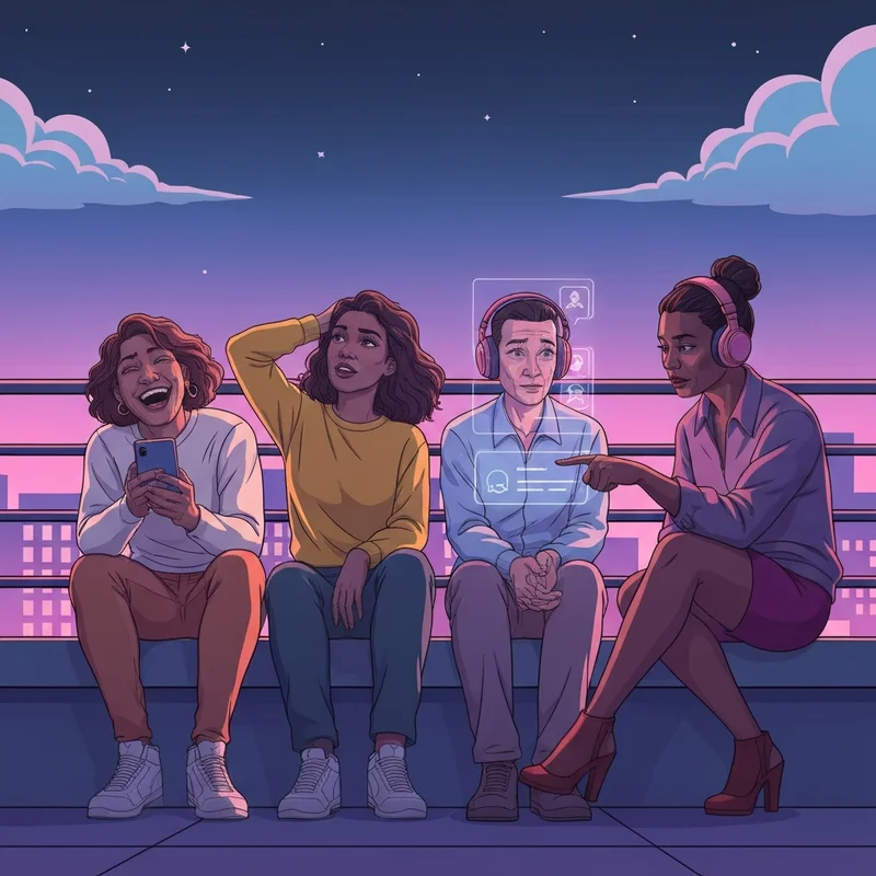 A group of friends visualized through the aesthetic of friend group animations on a neon rooftop.
