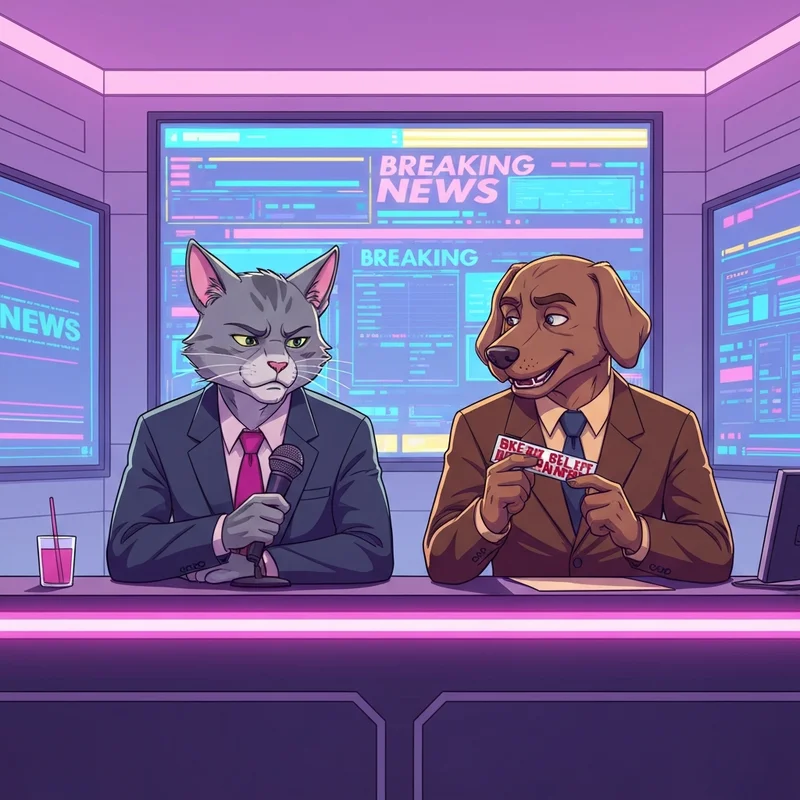 A creative newsroom simulation featuring the talking friends tom and ben news duo in a high-tech broadcast setting.