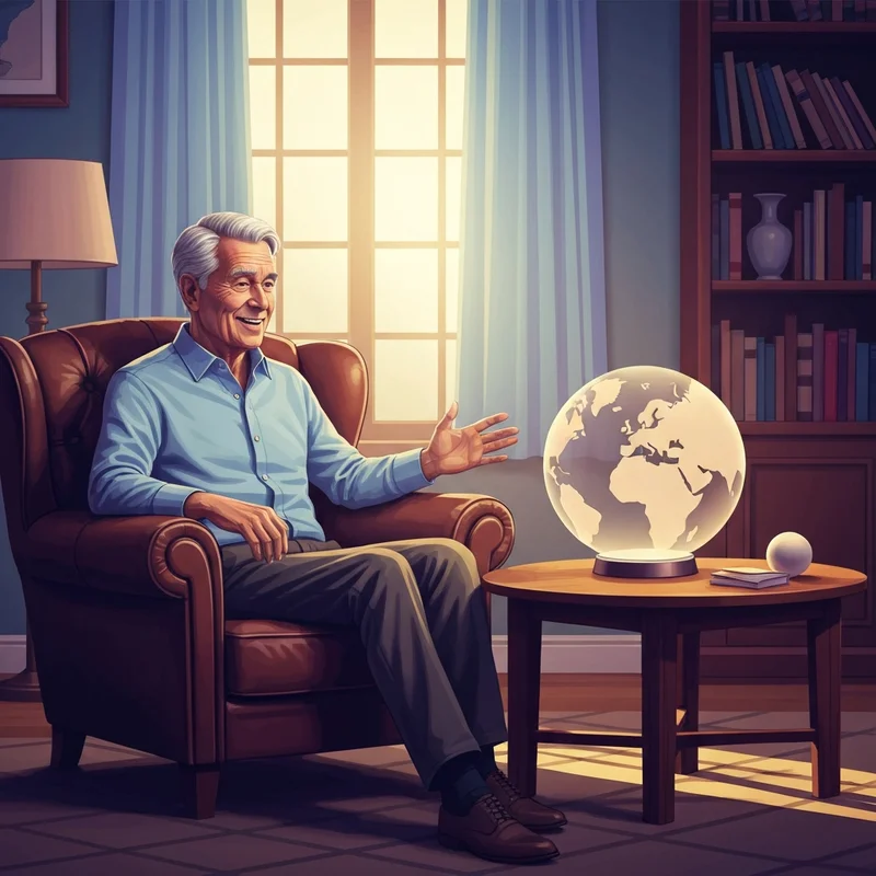 A senior man interacting with ai companion robots elderly care 2025 in a sunlit living room.
