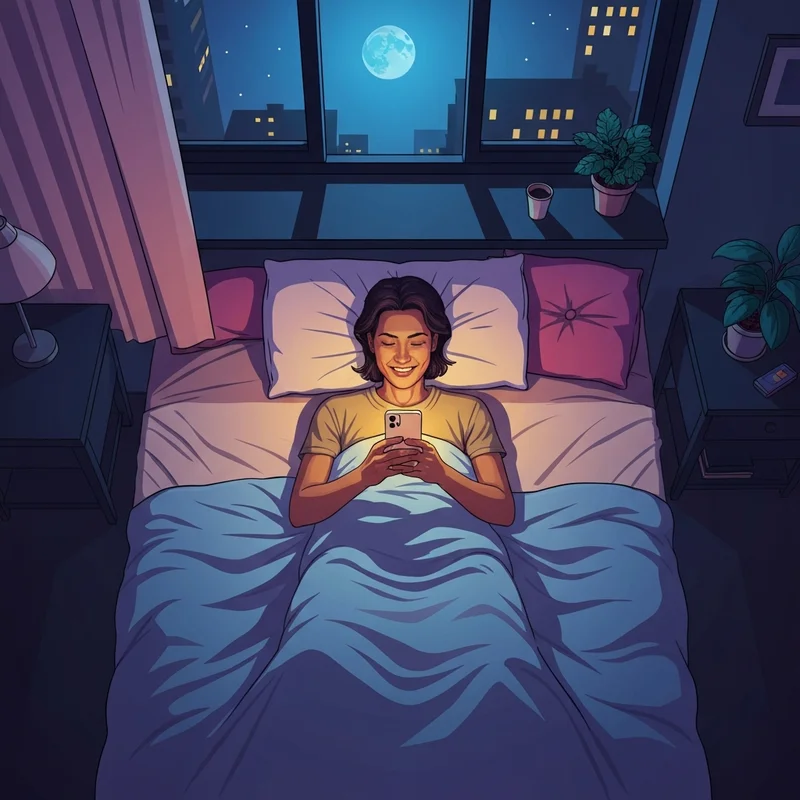 A young person sending a heartfelt good night message to a friend on their phone in a cozy bedroom.