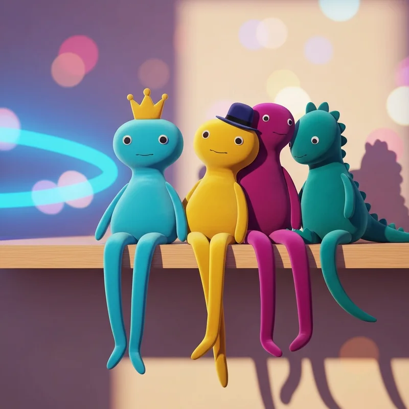 A collection of authentic rainbow friends plush toys including Blue, Yellow, and Cyan displayed on a shelf.