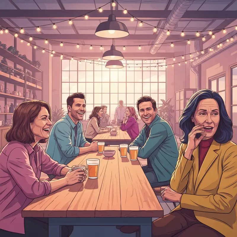 A vibrant social scene inside Fast Friends Beer Co in South Austin showing people enjoying craft beer and community events.