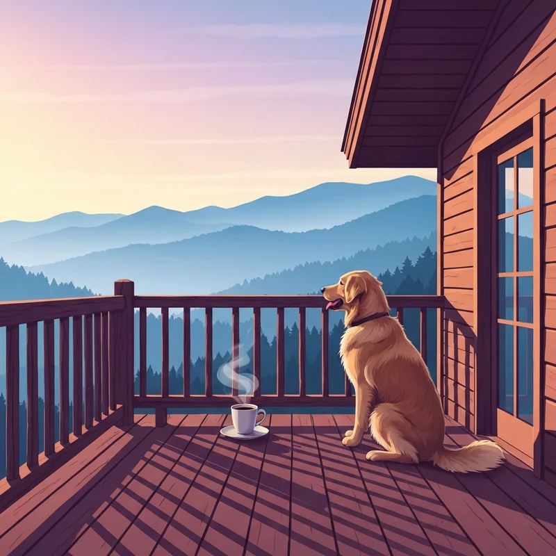 A golden retriever enjoying the view from pet friendly cabin rentals in pigeon forge tn at sunrise.