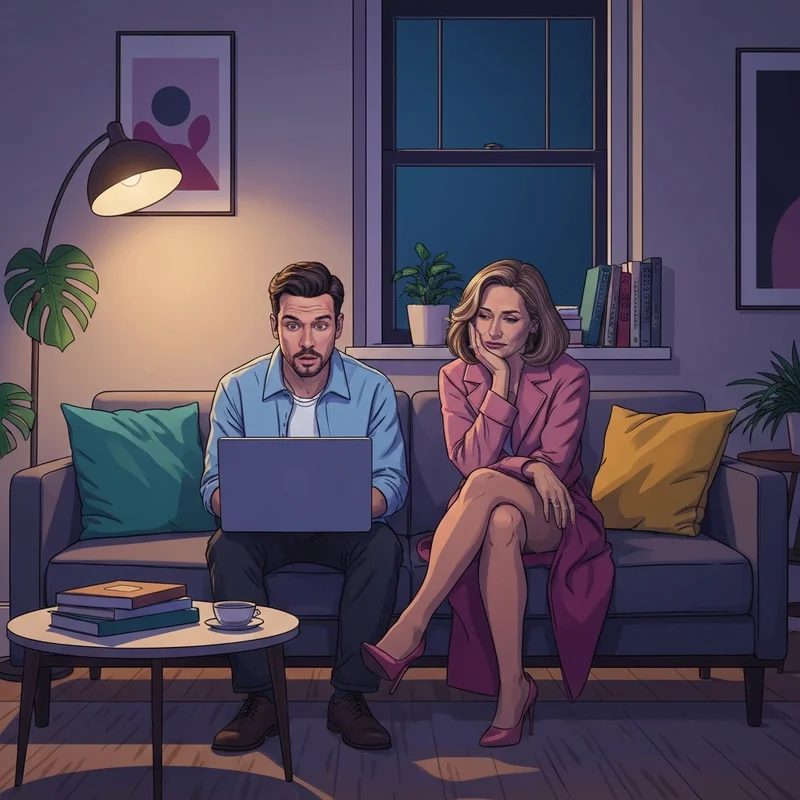 Two friends navigating a moment of social awkwardness after realizing a friend watches porn in a cozy living room setting.