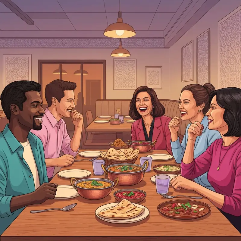 A happy group of people sharing authentic dishes at Friends Indian Cuisine in a cozy restaurant setting.