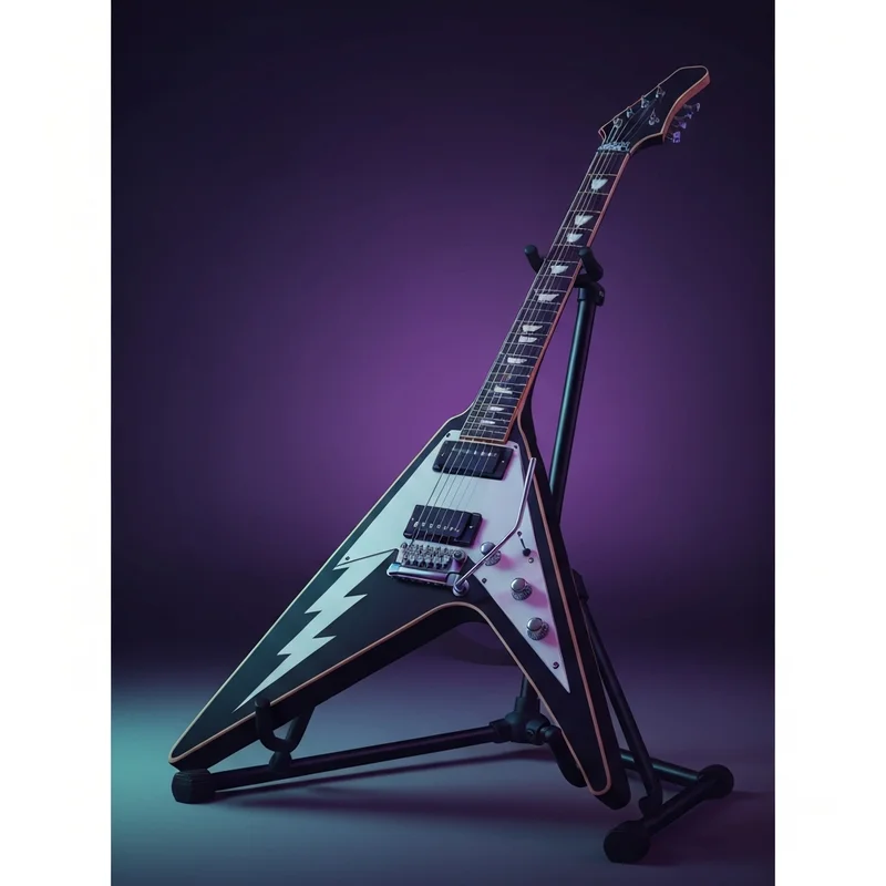 A vintage washburn dimebag musicians friend era guitar with lightning bolt graphics in a professional studio setting.