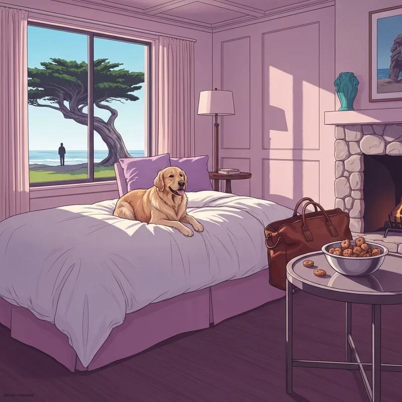 A luxury interior of one of the pet friendly hotels carmel features, showing a dog on a bed with a view of the ocean.