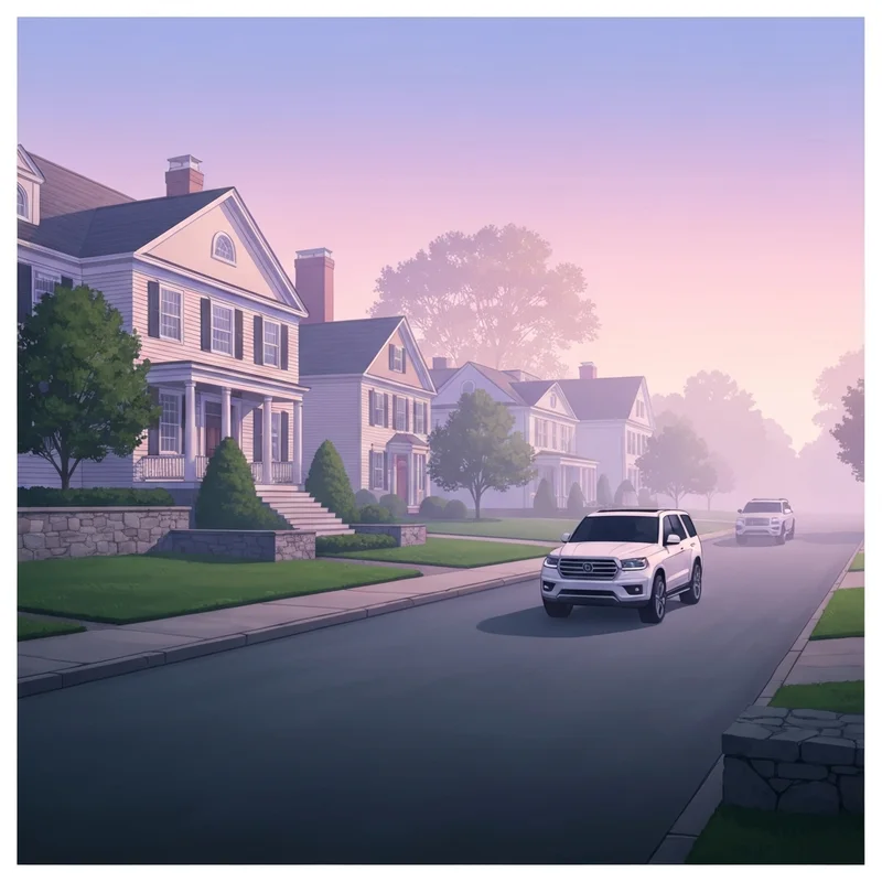 A misty morning scene in a wealthy neighborhood where is your friends and neighbors filmed, showing the contrast between luxury and mystery.