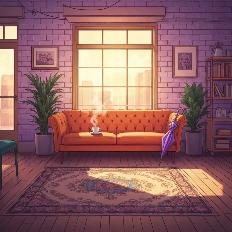 A nostalgic coffee shop scene representing the Friends 2025 aesthetic with an empty orange sofa.