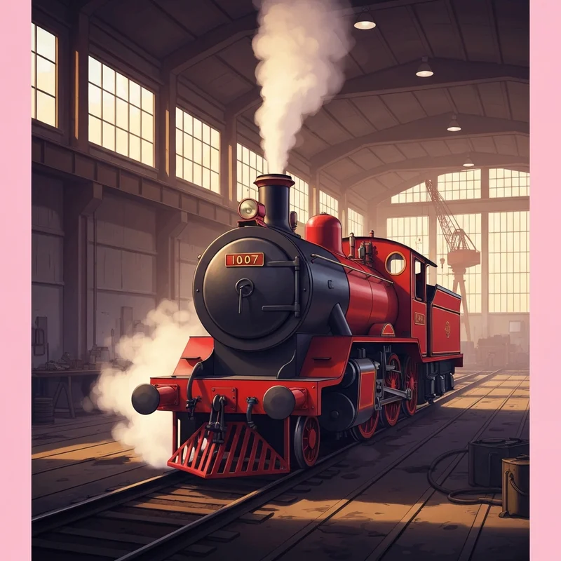 A detailed 3D render of the red engine known as thomas and friends victor inside the Sodor Steamworks.