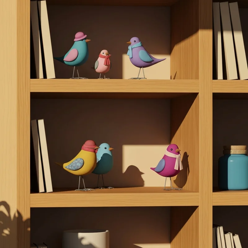 A collection of colorful Featherly Friends fabric birds styled on a wooden shelf in a cottagecore home.