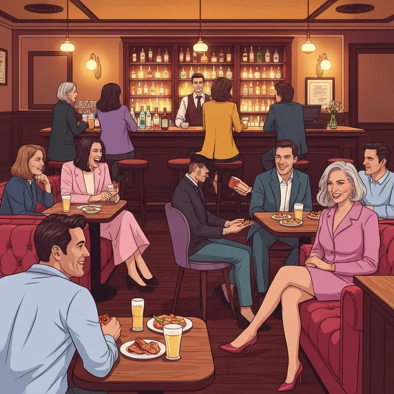 A cozy and inclusive good friends bar atmosphere where urban professionals gather for meaningful conversation and social connection.