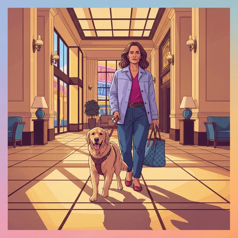 A luxury hotel lobby during a pet friendly Las Vegas vacation with a golden retriever.