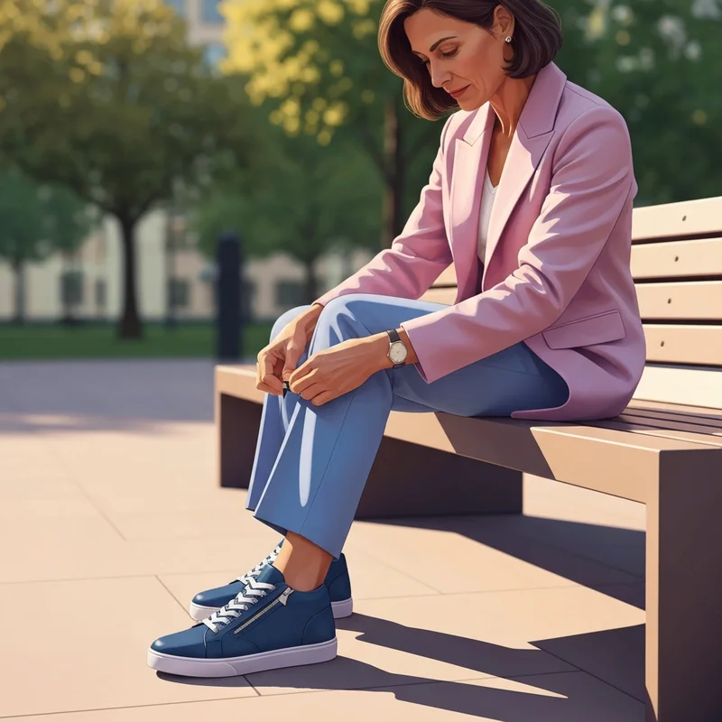 A person comfortably putting on their friendly shoes using a discrete adaptive zipper system.