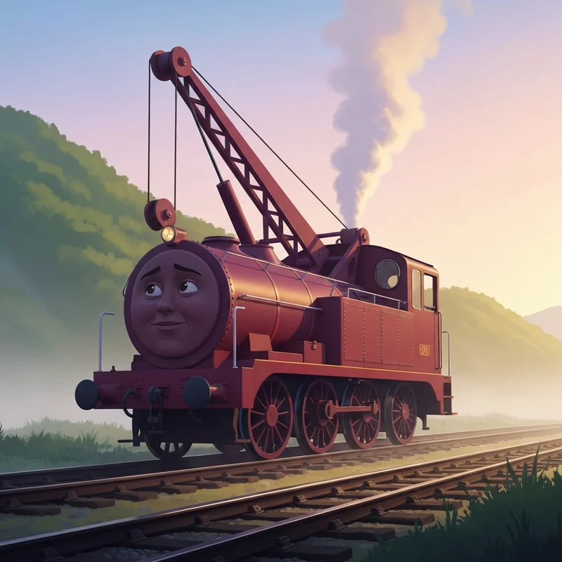A detailed 3D render of Harvey Thomas and Friends, the maroon crane tank engine, standing on the tracks of Sodor.