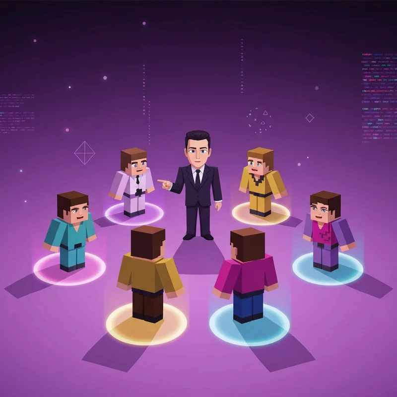 A group of digital character avatars representing the adrian explain our friend group minecraft skin trend in a futuristic setting.