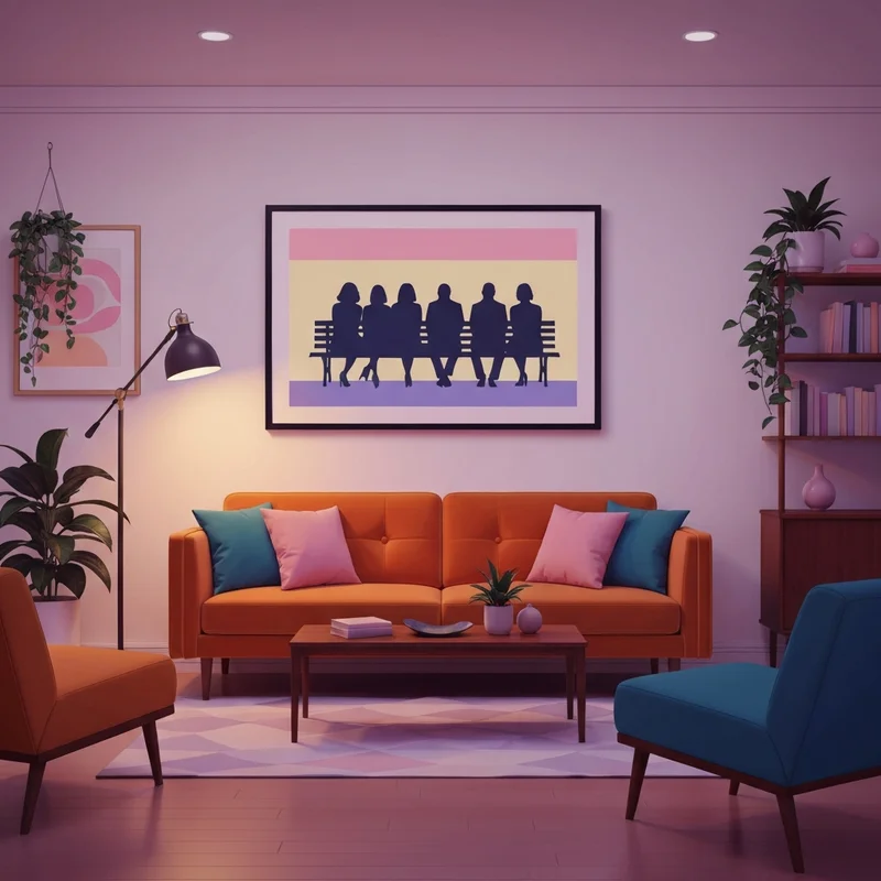 A modern living room featuring a minimalist friends show poster as central wall decor.