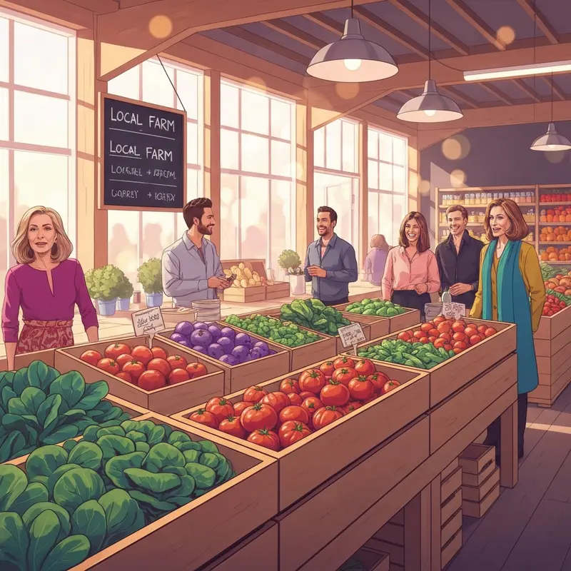 The vibrant produce section of the Friendly City Food Co-op featuring local organic vegetables.