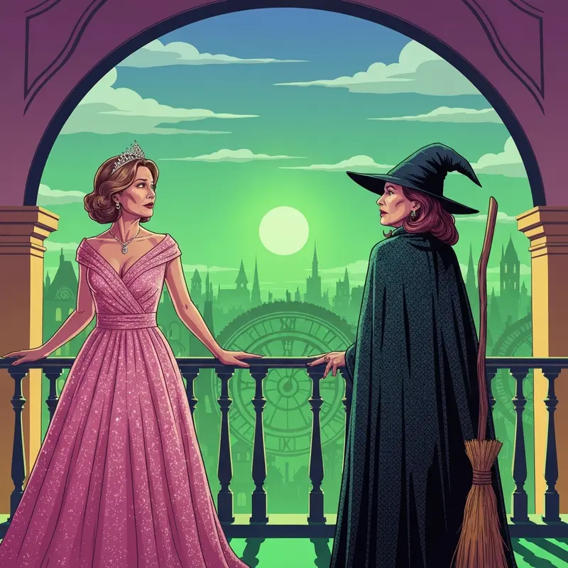 The iconic balcony scene explaining why did elphaba and glinda stop being friends in the Emerald City.
