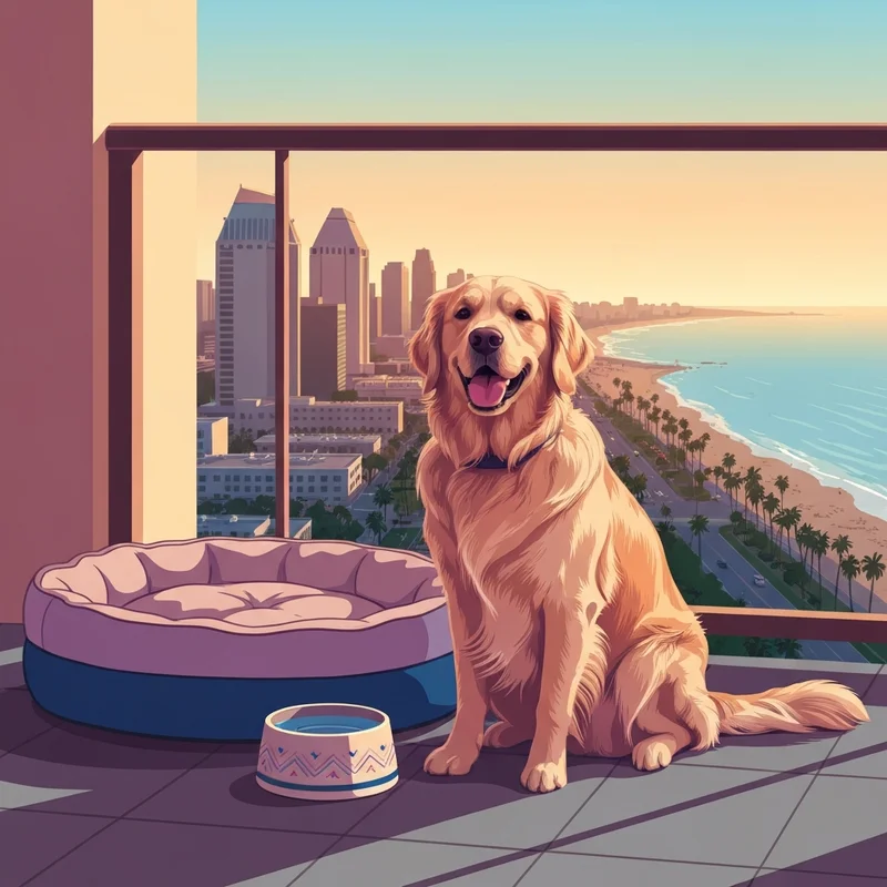 A happy dog enjoying a luxury stay at one of the premier san diego pet friendly hotels with a view of the ocean.