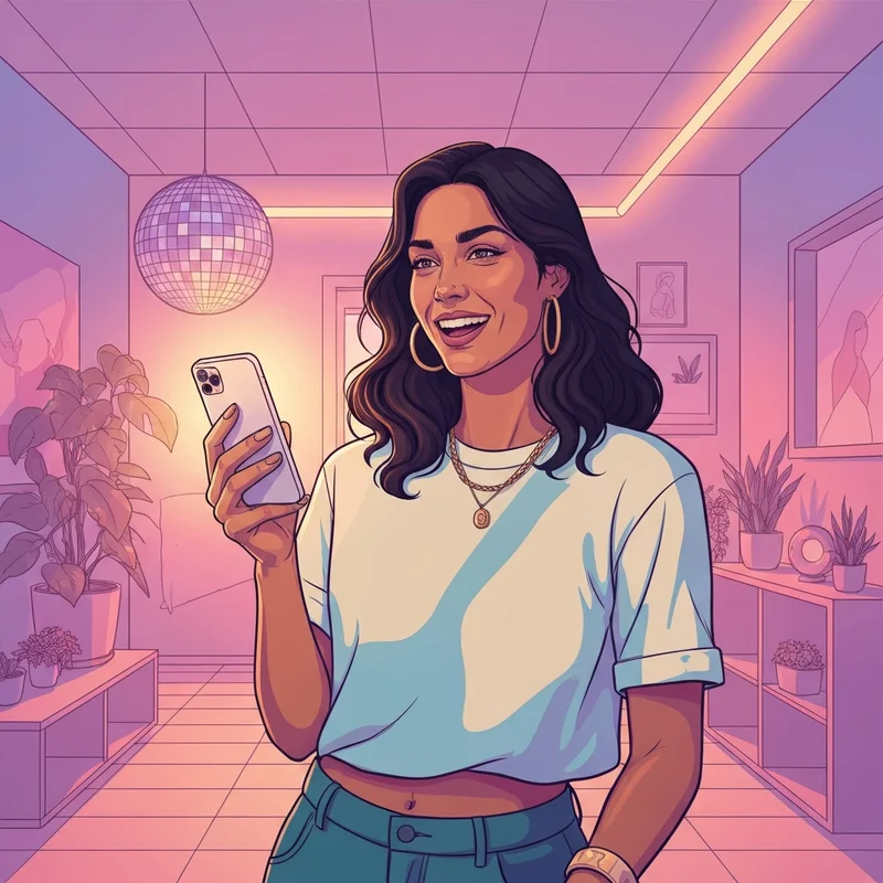 A stylish young woman using her phone to leave comments for friends on instagram in a trendy room.