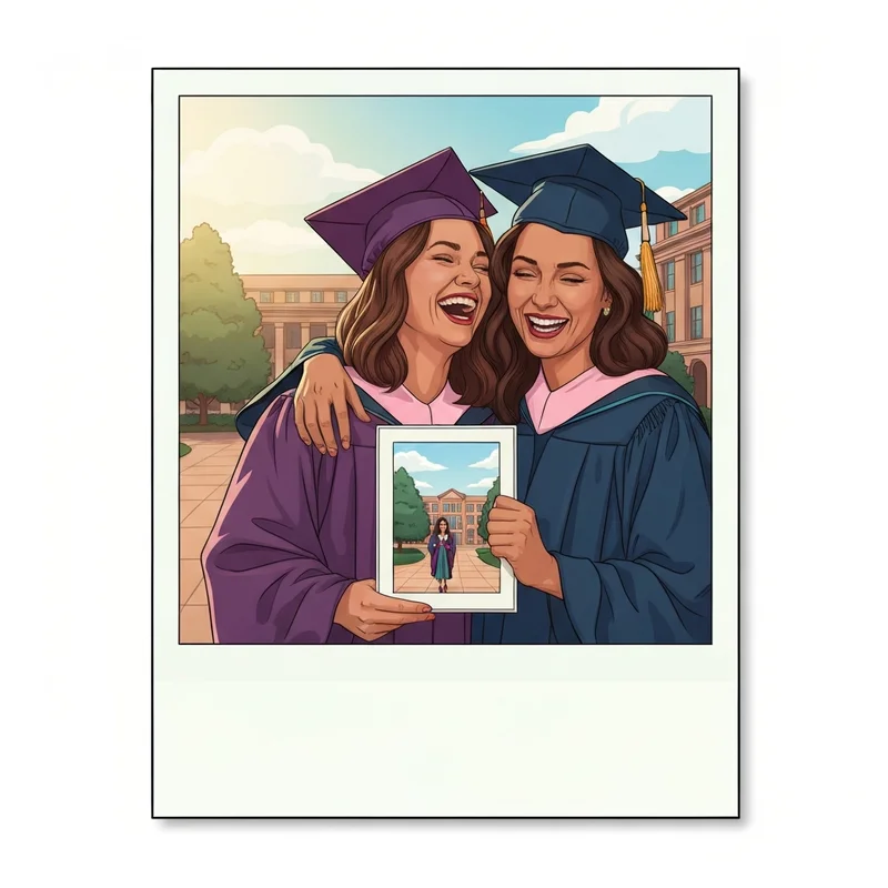 Two best friends celebrating with a meaningful graduation present for a friend in a nostalgic setting.